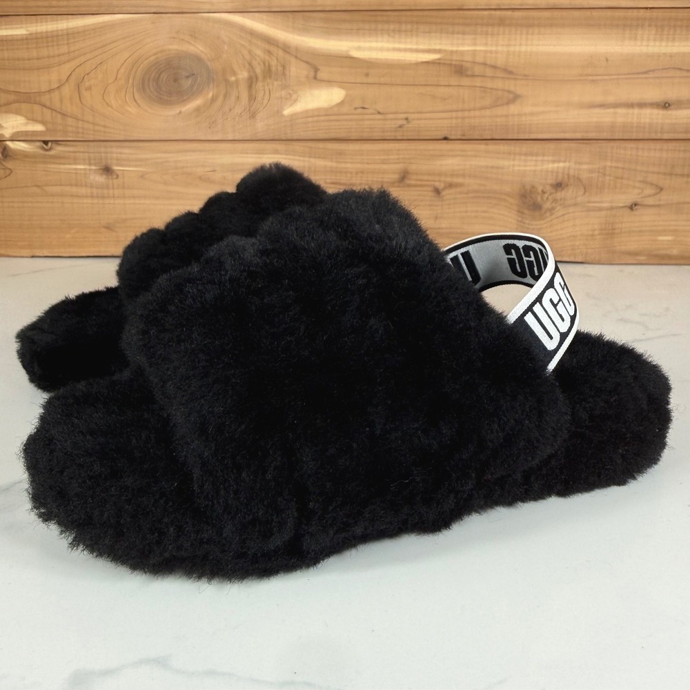 UGG Fluff Yeah Slide Black Sheepskin Elastic Backstrap Slippers Girl Size 1 Cozy